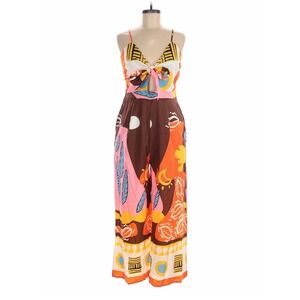 ESEA Womens Abstract Print Wide Leg Jumpsuit Tie Front Cutout Multi Color Size 8